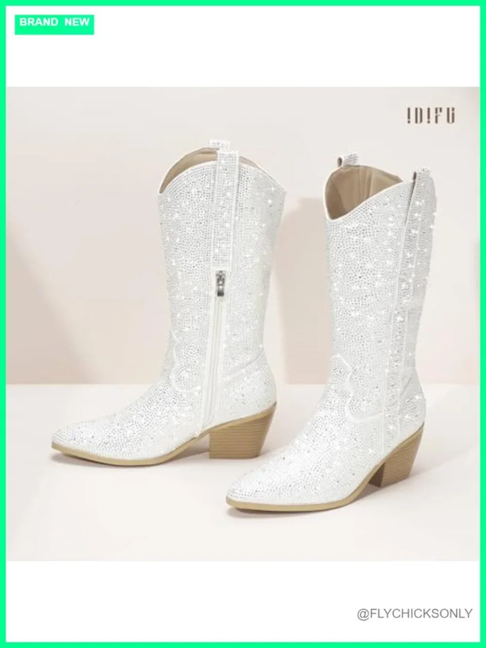Rhinestone Cowboy Boots Mid Calf Sparkly Western Pointed Toe Chunky Heel